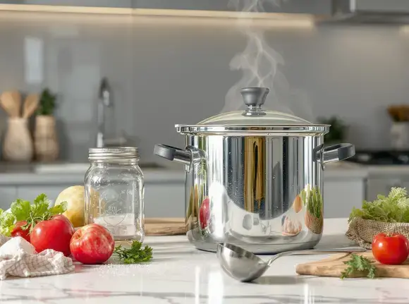 A pressure canner in use on a kitchen counter with a gauge and steam visible.