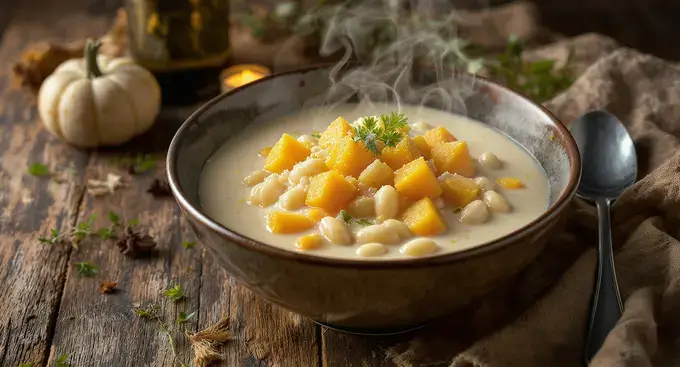 A bowl of creamy white bean and butternut squash soup with fresh parsley garnish on a rustic table.