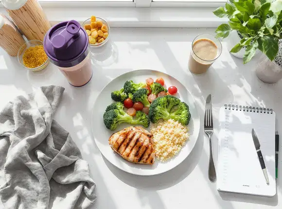 Balanced meal prep with chicken, vegetables, and a protein shaker on a kitchen counter.