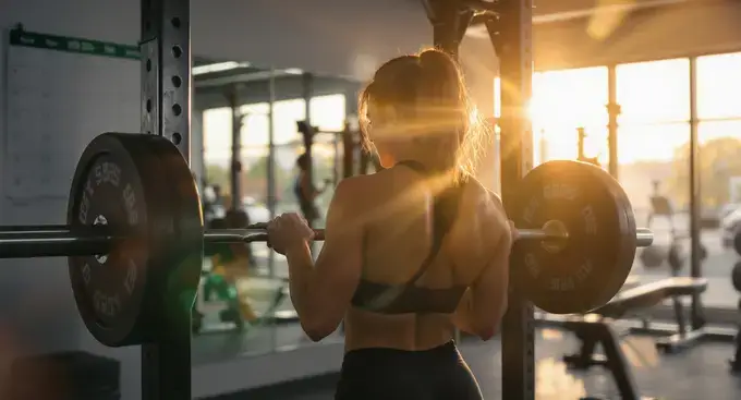 Woman adjusting weights on a squat rack, illustrating a safe 5 day workout plan for women.