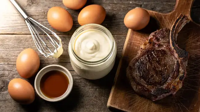 Homemade carnivore mayonnaise in a glass jar with eggs, tallow, and a steak, illustrating can you have mayo on the carnivore diet.