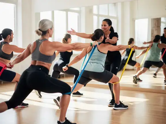 Group fitness class with participants using resistance bands, guided by an instructor, representing structured exercise.