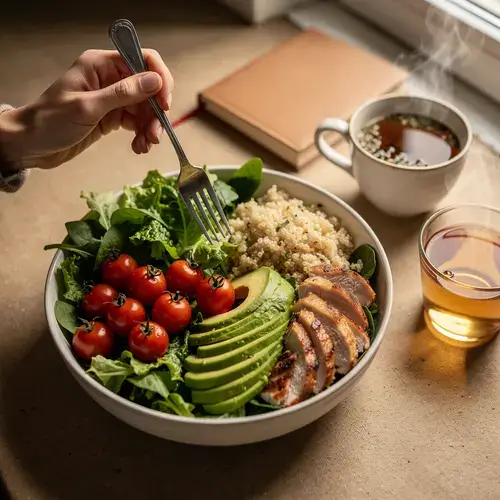 Hands holding a fork over a nutritious salad, symbolizing mindful eating and emotional wellness.