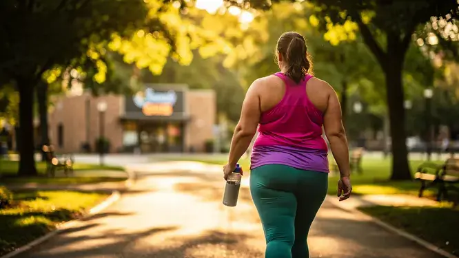 A woman walking in a park represents the active, science-backed fortune feimster weight loss journey.