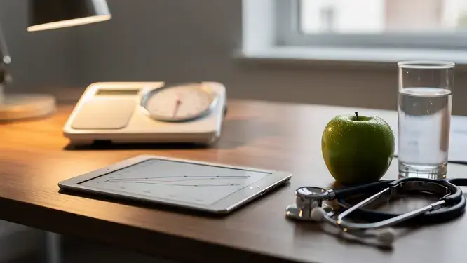 Clinician desk with weight chart and medical tools, highlighting the icd-10 weight loss evaluation process.