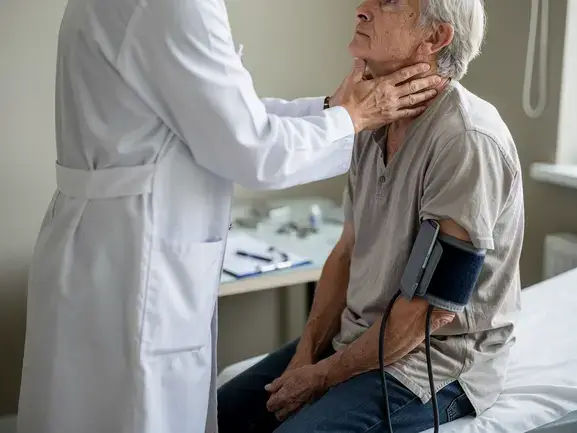 Doctor examining lymph nodes of an older patient to check for weight loss red flags.