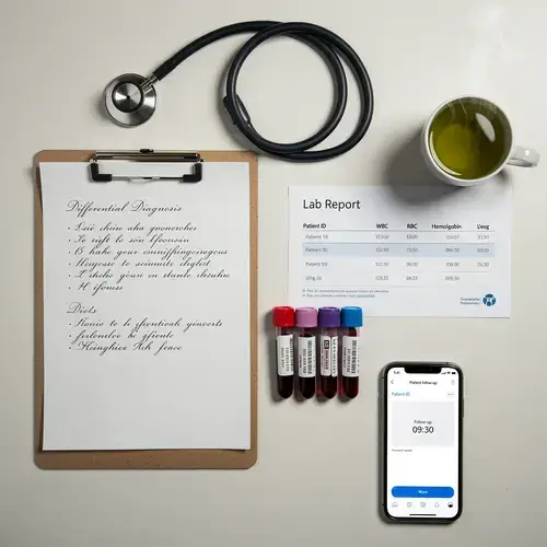 Diagnostic workup tools including lab vials and a clipboard to identify causes of unintentional weight loss.