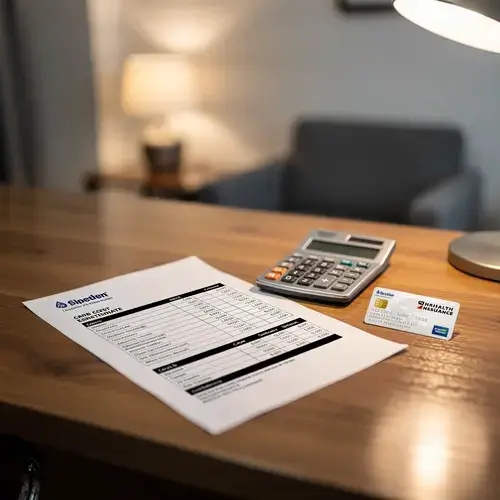 financial counselor showing a cost breakdown on a tablet next to an insurance card and calculator