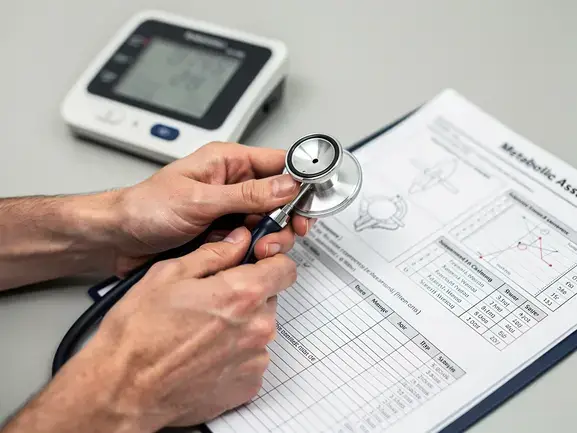 health professional checking a patient’s blood pressure in a medical exam room, clean and modern setting