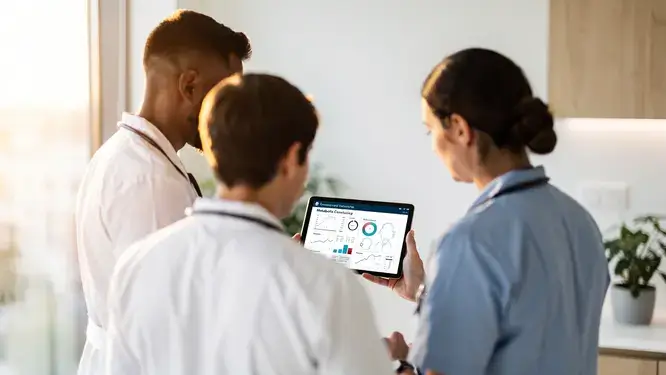 physician reviewing lab results with a patient during a jorie weight loss consultation, bright modern clinic, neutral tones
