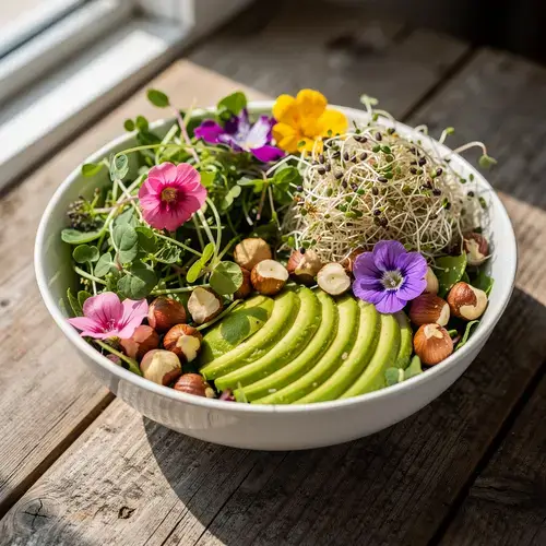 Colorful alkaline diet salad bowl with microgreens, avocado, and nuts.