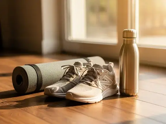 Running shoes and yoga mat by a sunlit window, representing an exercise routine.