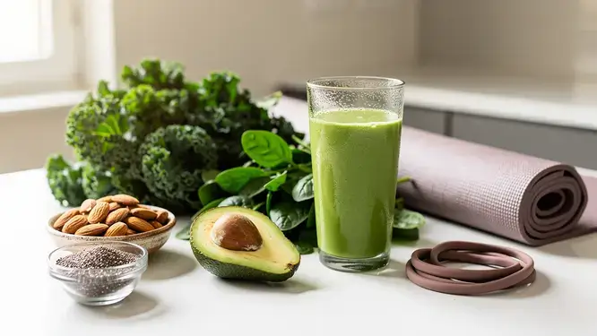 Kelly Ripa diet and exercise lifestyle photo: fresh produce and fitness gear on a sunlit kitchen counter.