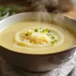 A creamy bowl of weight watchers potato soup garnished with chives and low-fat cheese, in a rustic bowl.