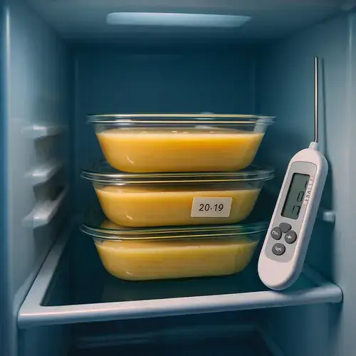 Refrigerator shelf with several shallow airtight containers of potato soup and a digital food thermometer, demonstrating safe food storage.