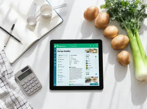 Overhead view of a kitchen counter with a tablet showing recipe builder app and measuring tools for soup nutrition.