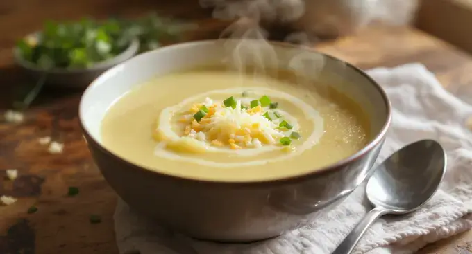 A creamy bowl of weight watchers potato soup garnished with chives and low-fat cheese, in a rustic bowl.