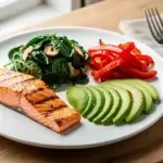 Zero starch diet meal of grilled salmon, spinach, avocado, and bell peppers on a plate.