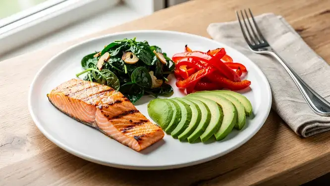 Zero starch diet meal of grilled salmon, spinach, avocado, and bell peppers on a plate.